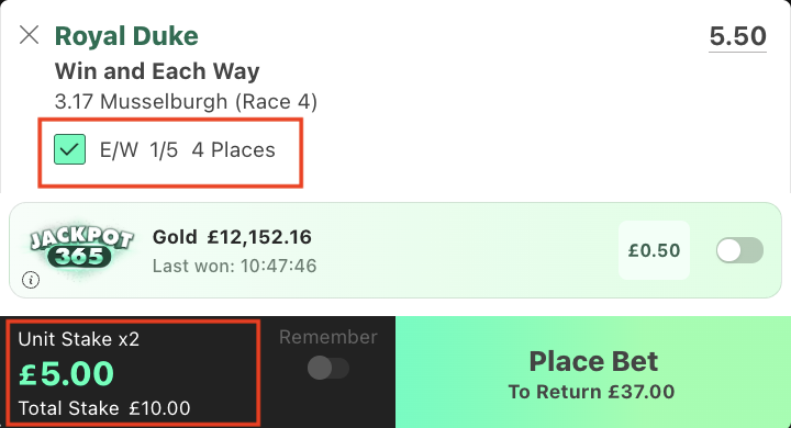 Betslip showing the E/W box ticked and the unit stake of £5 doubled, making a total stake of £10
